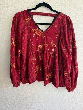 Maurices Burgundy Floral V-Neck Peasant Blouse